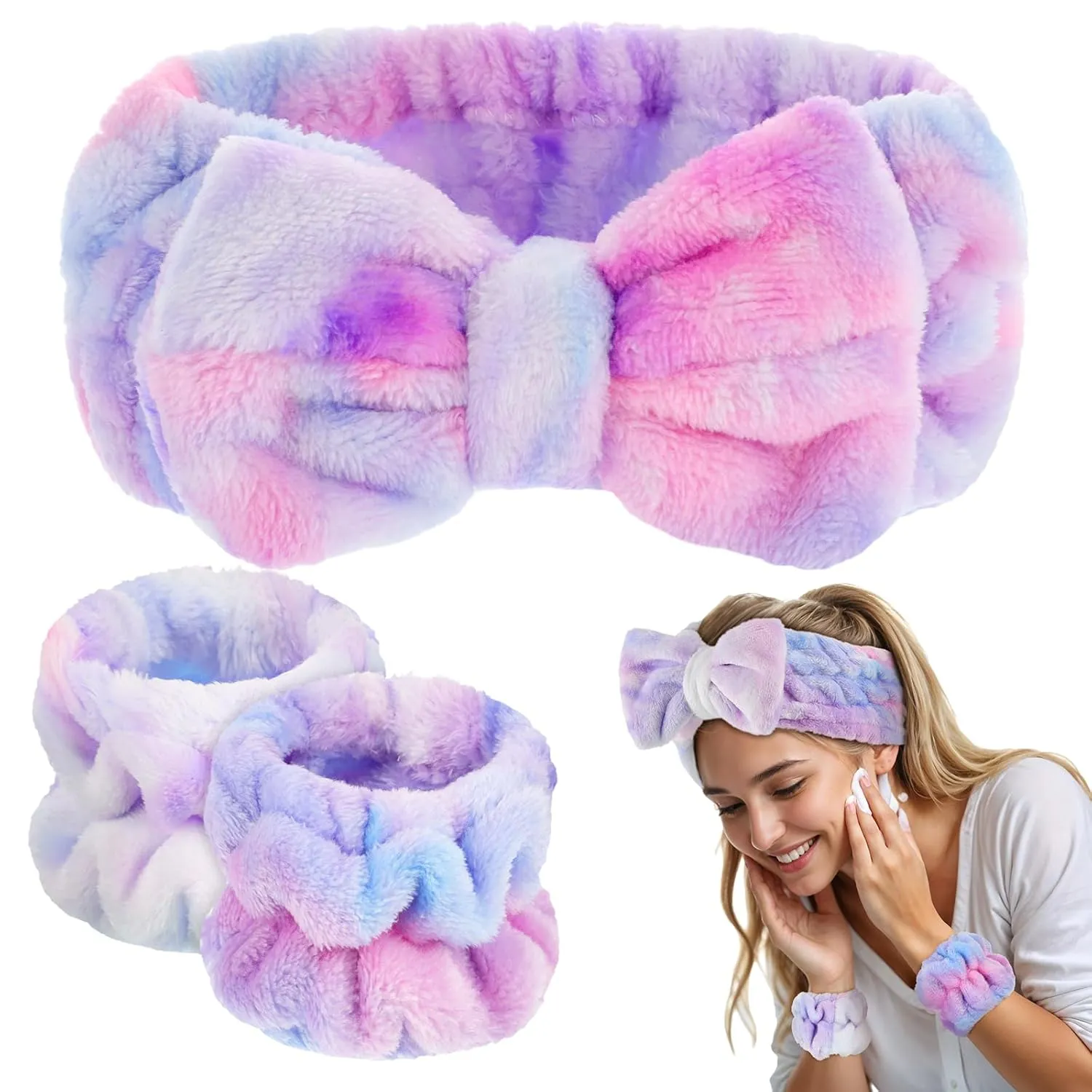 BESARME 3-Piece Face Wash Set - Headband & Wristband, Spa Towel Headband for Women's Skin Care (Gradient Purple)