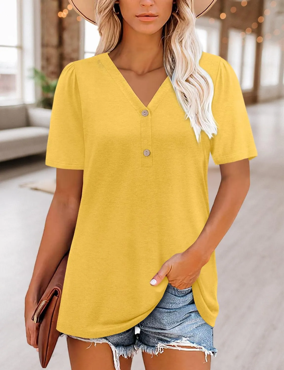 BETTE BOUTIK Womens Summer Shirts Short Sleeve V Neck Tunic Tops Casual Fashion Blouses