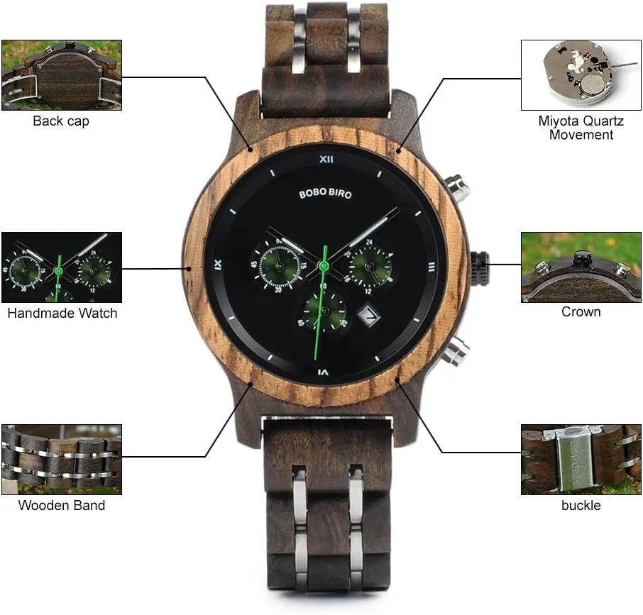 BOBO BIRD Women Wooden Watches Luxury Wood Metal Strap Chronograph & Date Display Quartz Watch Fashion Zebra Wood Casual Business Ebony Wristwatches