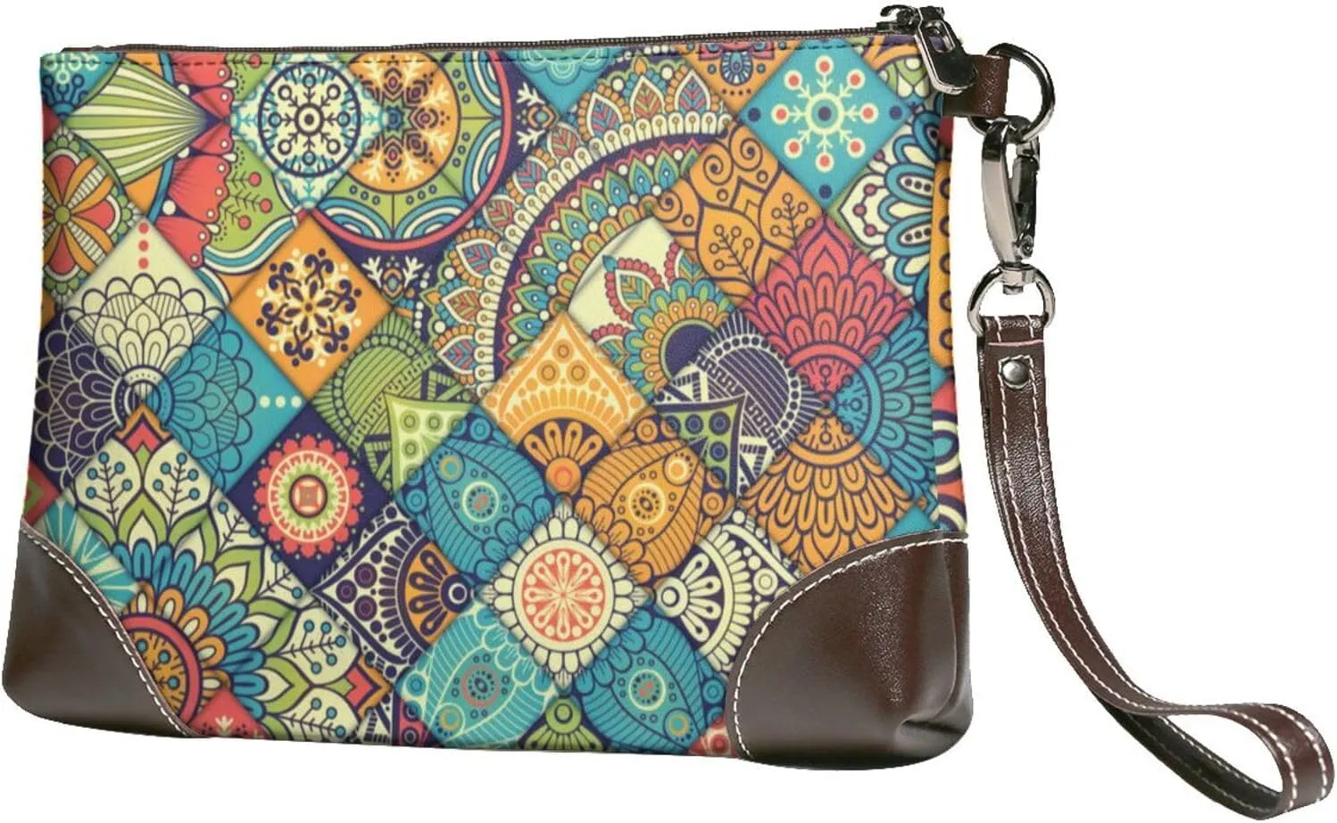 Bohemian Geometric Ornamental Floral Women Leather Clutch Bag Wristlet Handbags Purses Evening Bag Clutch Purse