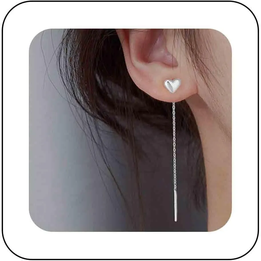 Boho Heart Threader Chain Earrings Bar Chain Drop Earrings Gold Long Chain Earrings Love Heart Pull Through Earrings Jewelry for Women and Girls