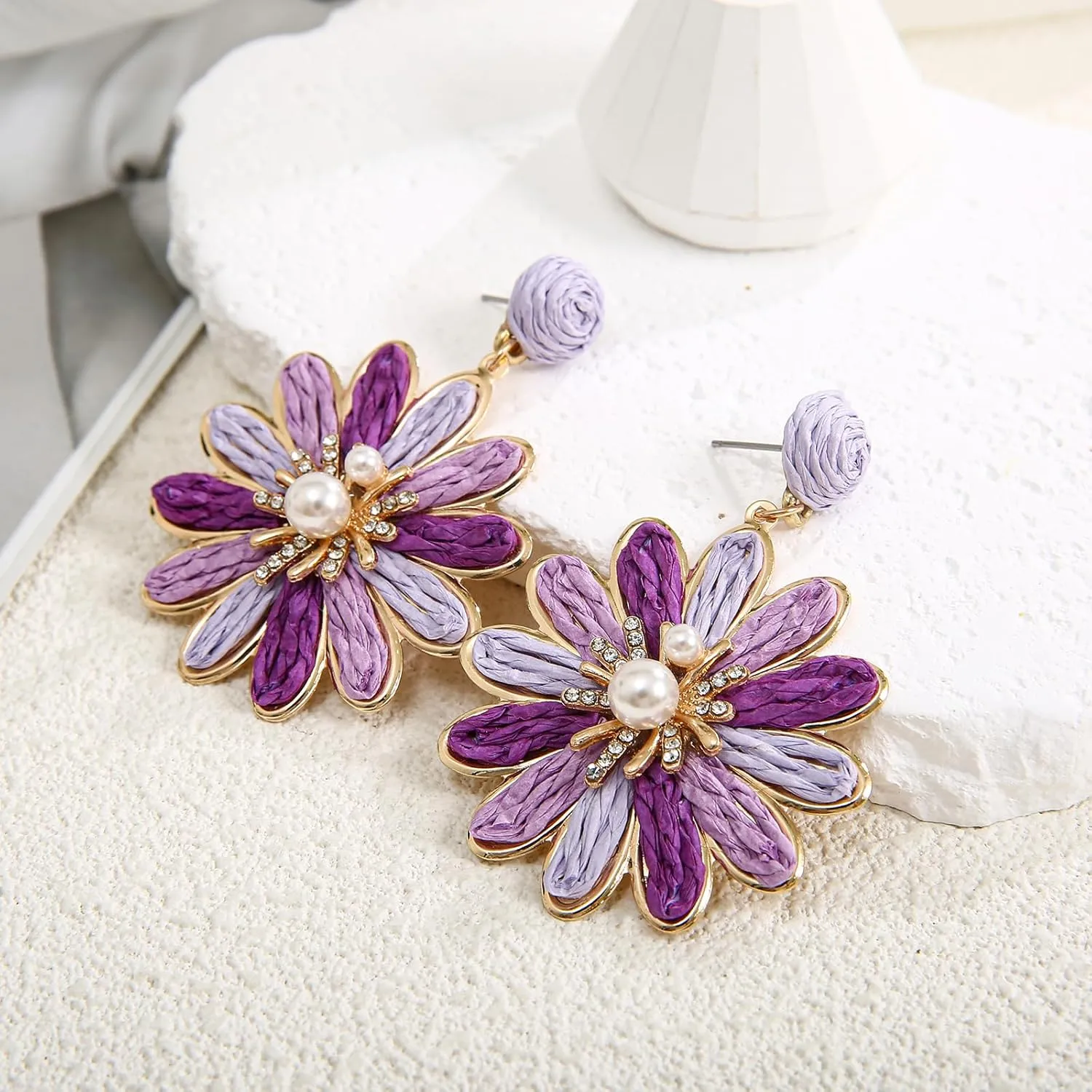 Boho Raffia Flower Earrings for Women ?C Lightweight Dangle Jewelry, Summer Beach Vacation Accessories