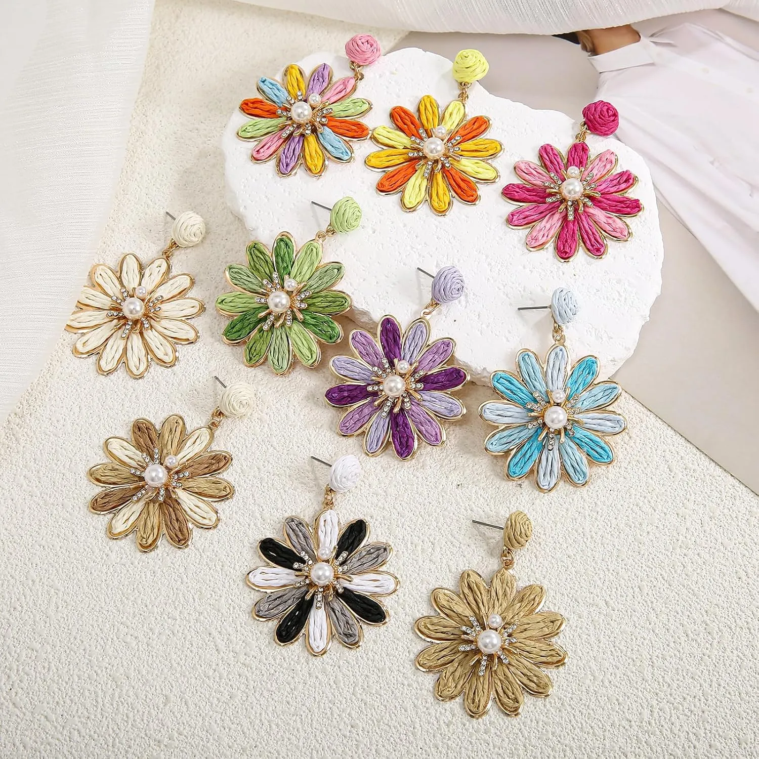 Boho Raffia Flower Earrings for Women ?C Lightweight Dangle Jewelry, Summer Beach Vacation Accessories