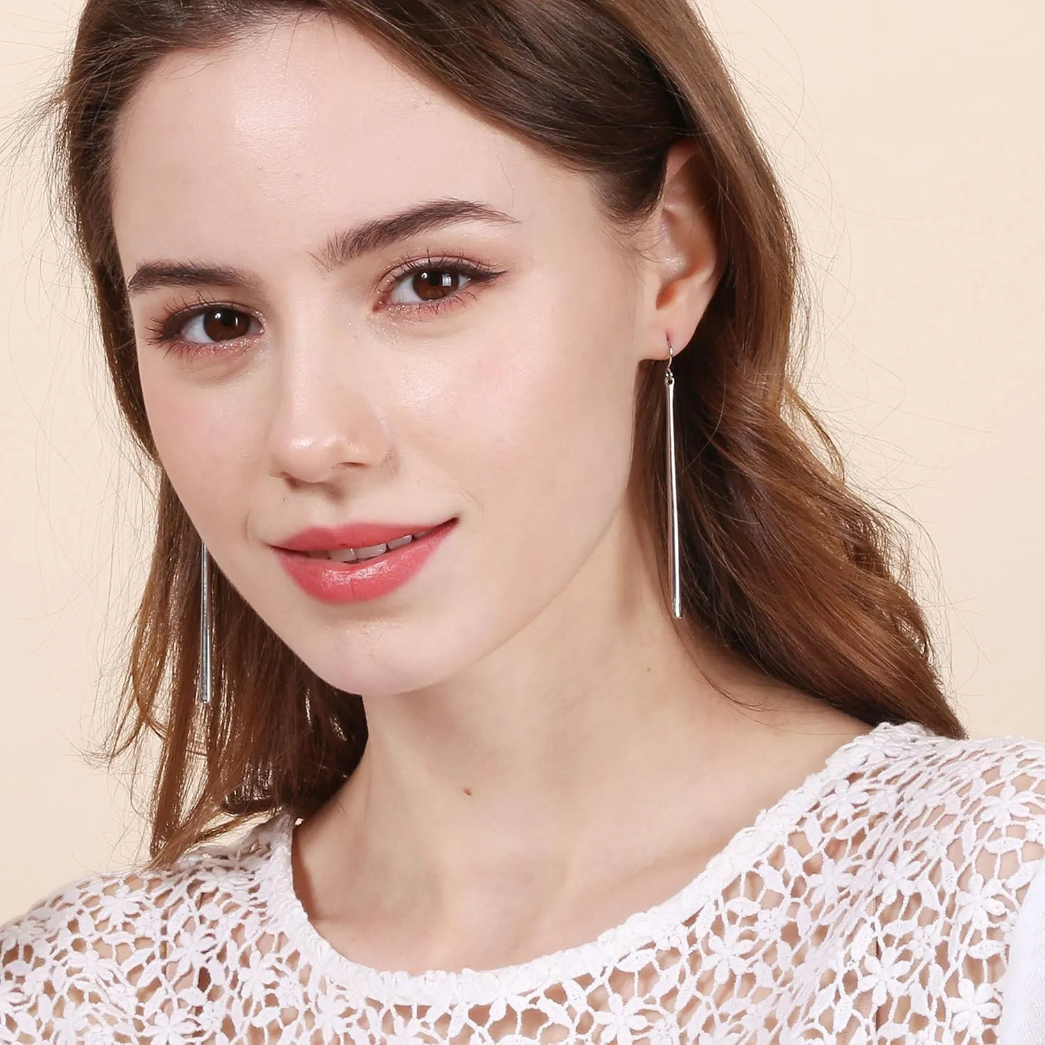 Bonaluna Long, Thin, Hammered, Shield Metal Bar Basic Dangle Drop Earrings for Women