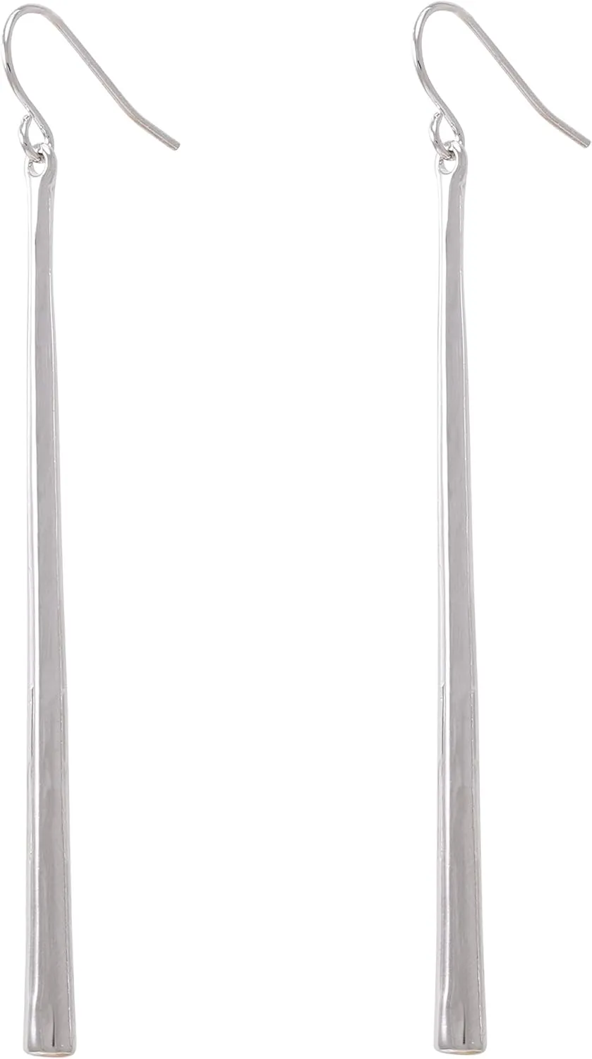 Bonaluna Long, Thin, Hammered, Shield Metal Bar Basic Dangle Drop Earrings for Women