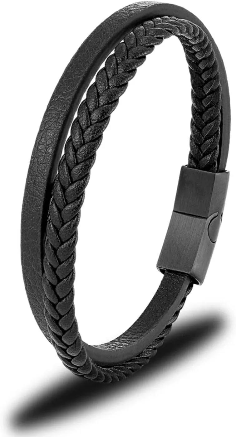 Bracelet Men Bracelets Jewellery Minimalist Men Double Strand Woven Leather Bracelet Matte Black Accessories Handmade