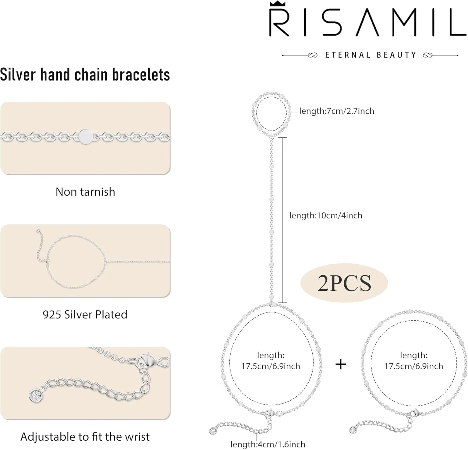 Bracelets for Women Trendy, 14K Gold Plated/Silver Hand Chain Stack Adjustable Layered Dainty Cute Bead | Cubic Zirconia Finger Ring Link Jewelry Gifts