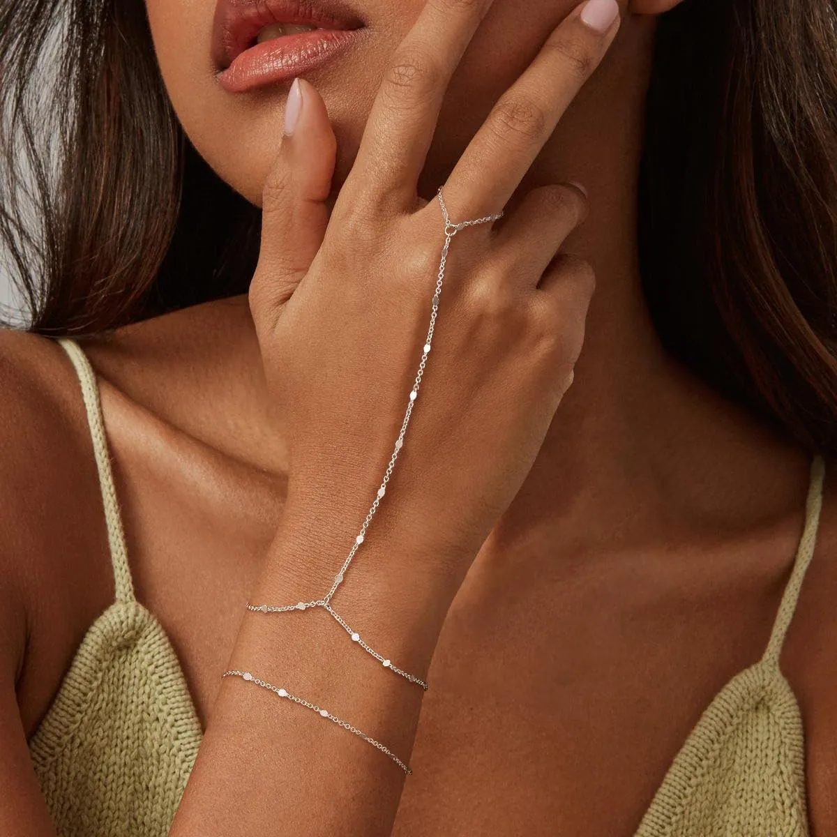 Bracelets for Women Trendy, 14K Gold Plated/Silver Hand Chain Stack Adjustable Layered Dainty Cute Bead | Cubic Zirconia Finger Ring Link Jewelry Gifts