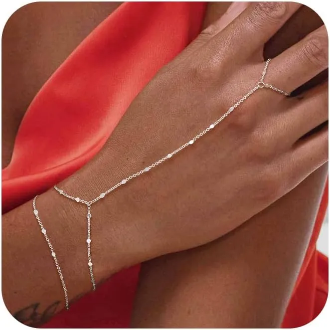 Bracelets for Women Trendy, 14K Gold Plated/Silver Hand Chain Stack Adjustable Layered Dainty Cute Bead | Cubic Zirconia Finger Ring Link Jewelry Gifts