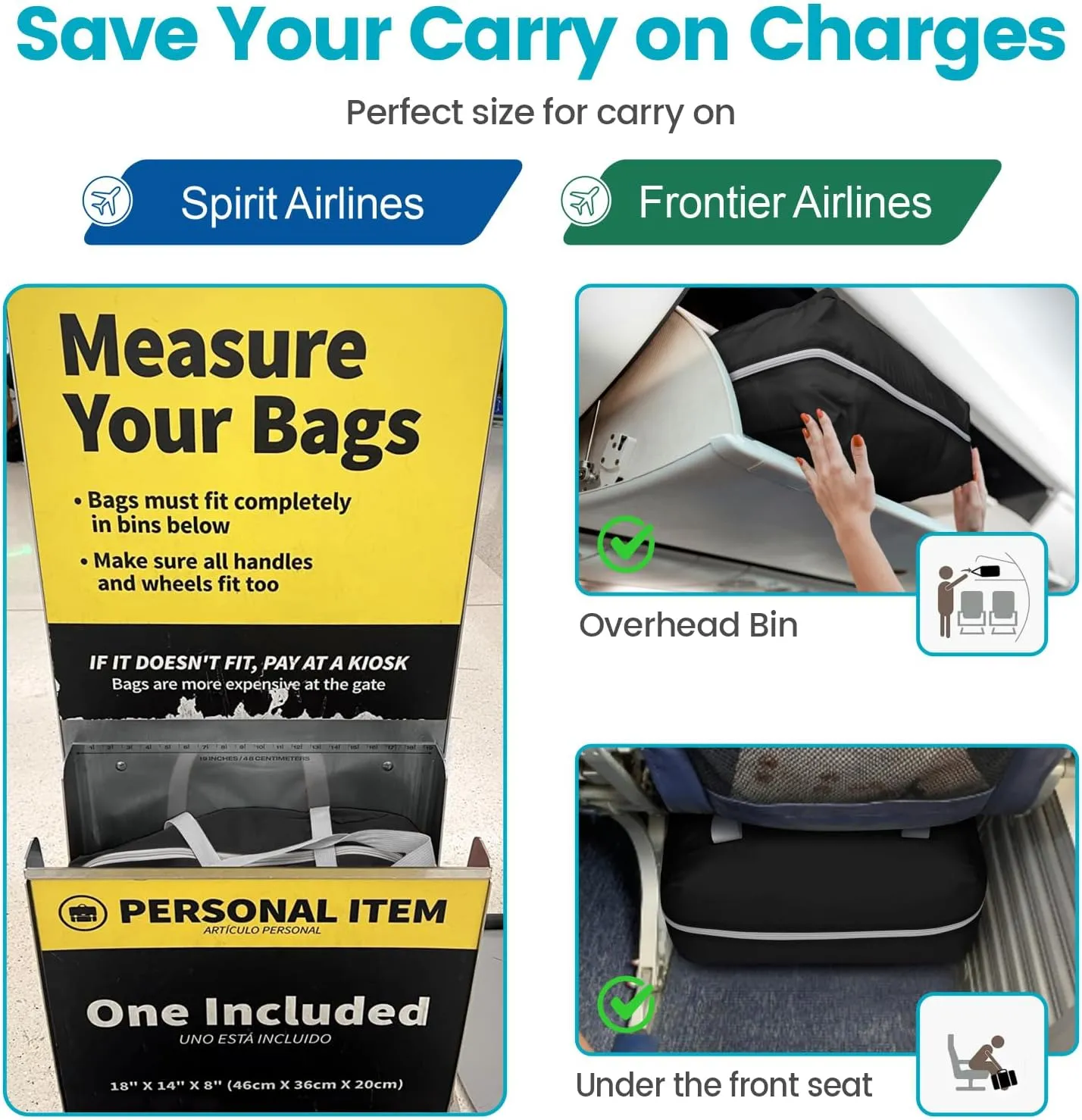 Cambond Spirit Airlines Personal Item Bag 18x14x8 Inch - 30L Lightweight Carry on Personal Item Travel Bag for Short Trip with Shoulder Strap, Compact Underseat Foldable Travel Duffel Bags, Black