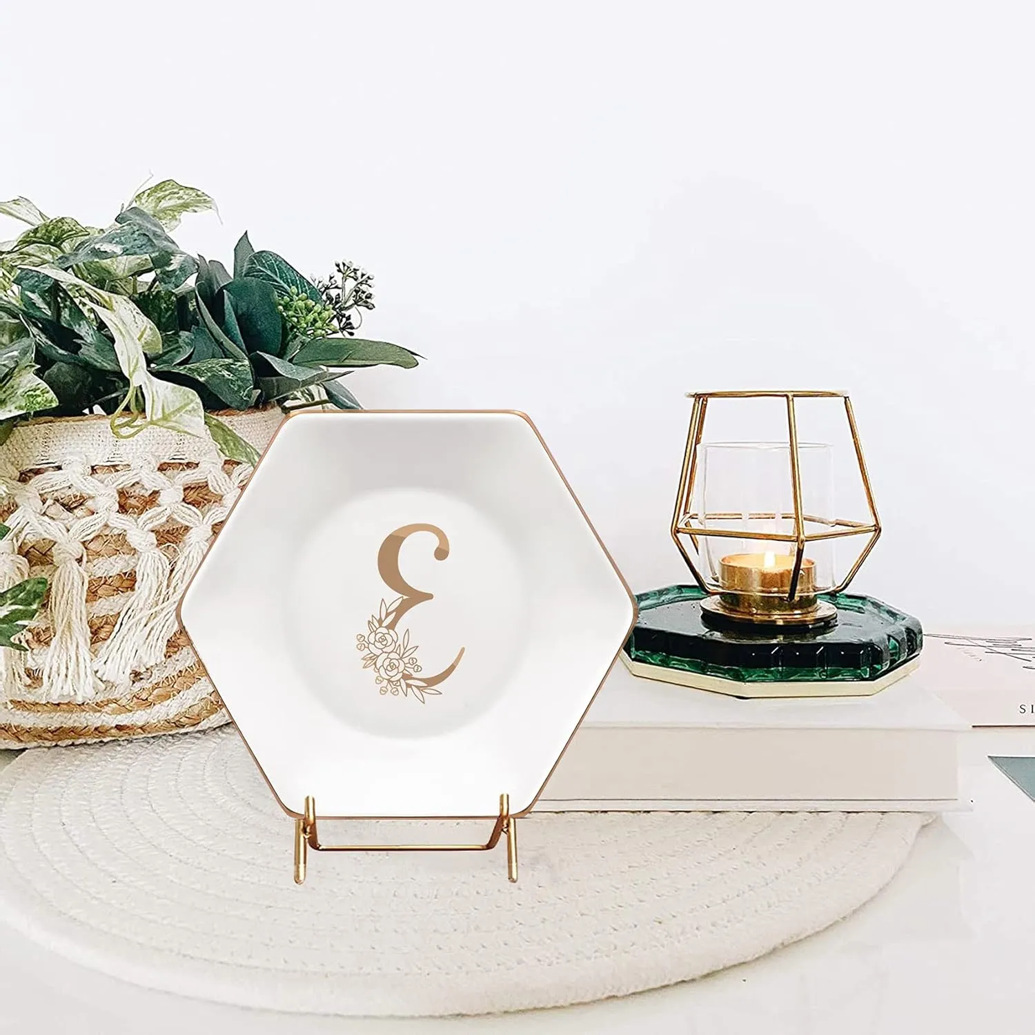 CARAKNOTS Jewelry Dish for Women Ceramic White Ring Dish Birthday Engagement Wedding Valentines Gifts for Her Jewelry Tray for Rings Earring Necklace Monogram Initial Decorative Trinket Plate Letter E