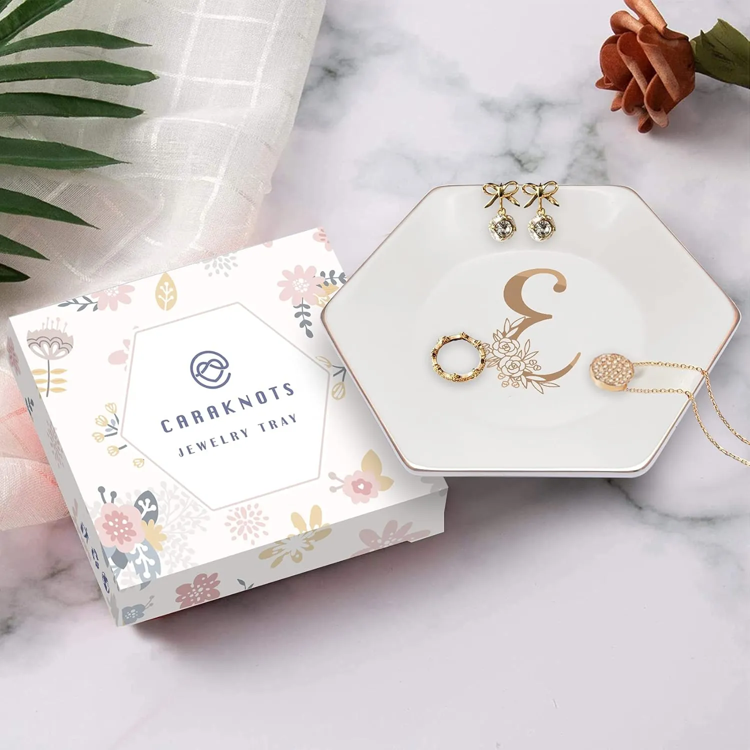 CARAKNOTS Jewelry Dish for Women Ceramic White Ring Dish Birthday Engagement Wedding Valentines Gifts for Her Jewelry Tray for Rings Earring Necklace Monogram Initial Decorative Trinket Plate Letter E
