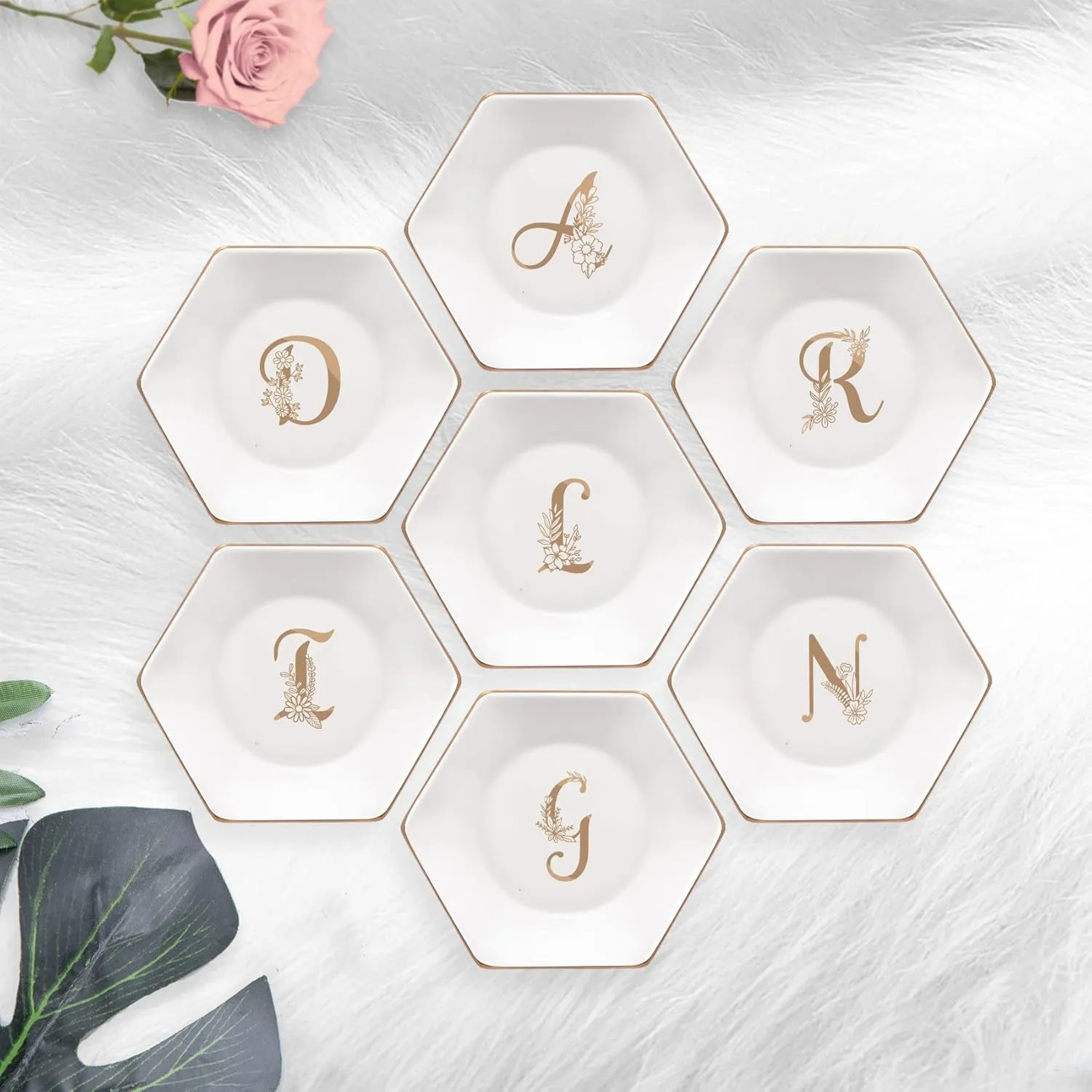 CARAKNOTS Jewelry Dish for Women Ceramic White Ring Dish Birthday Engagement Wedding Valentines Gifts for Her Jewelry Tray for Rings Earring Necklace Monogram Initial Decorative Trinket Plate Letter E