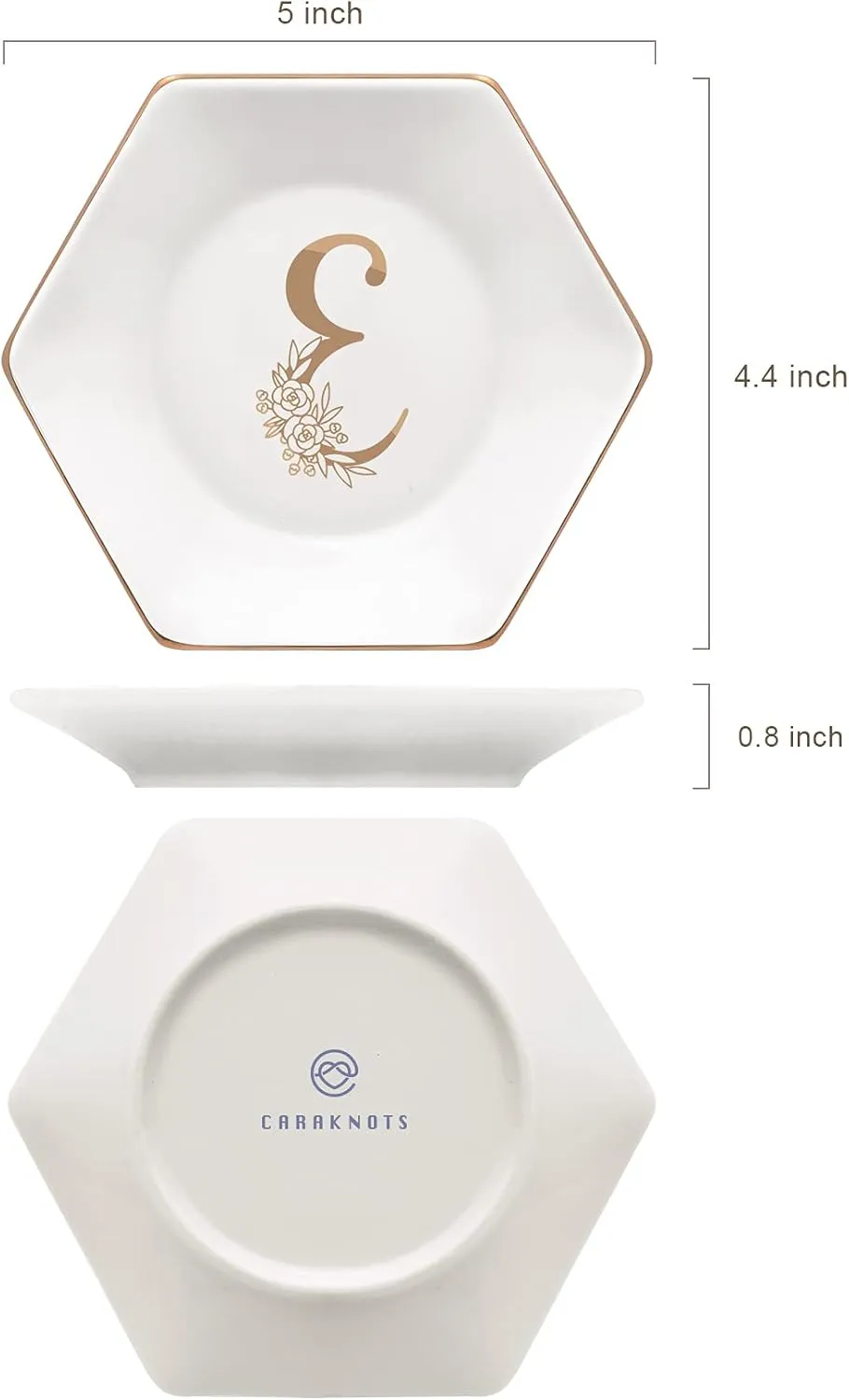 CARAKNOTS Jewelry Dish for Women Ceramic White Ring Dish Birthday Engagement Wedding Valentines Gifts for Her Jewelry Tray for Rings Earring Necklace Monogram Initial Decorative Trinket Plate Letter E