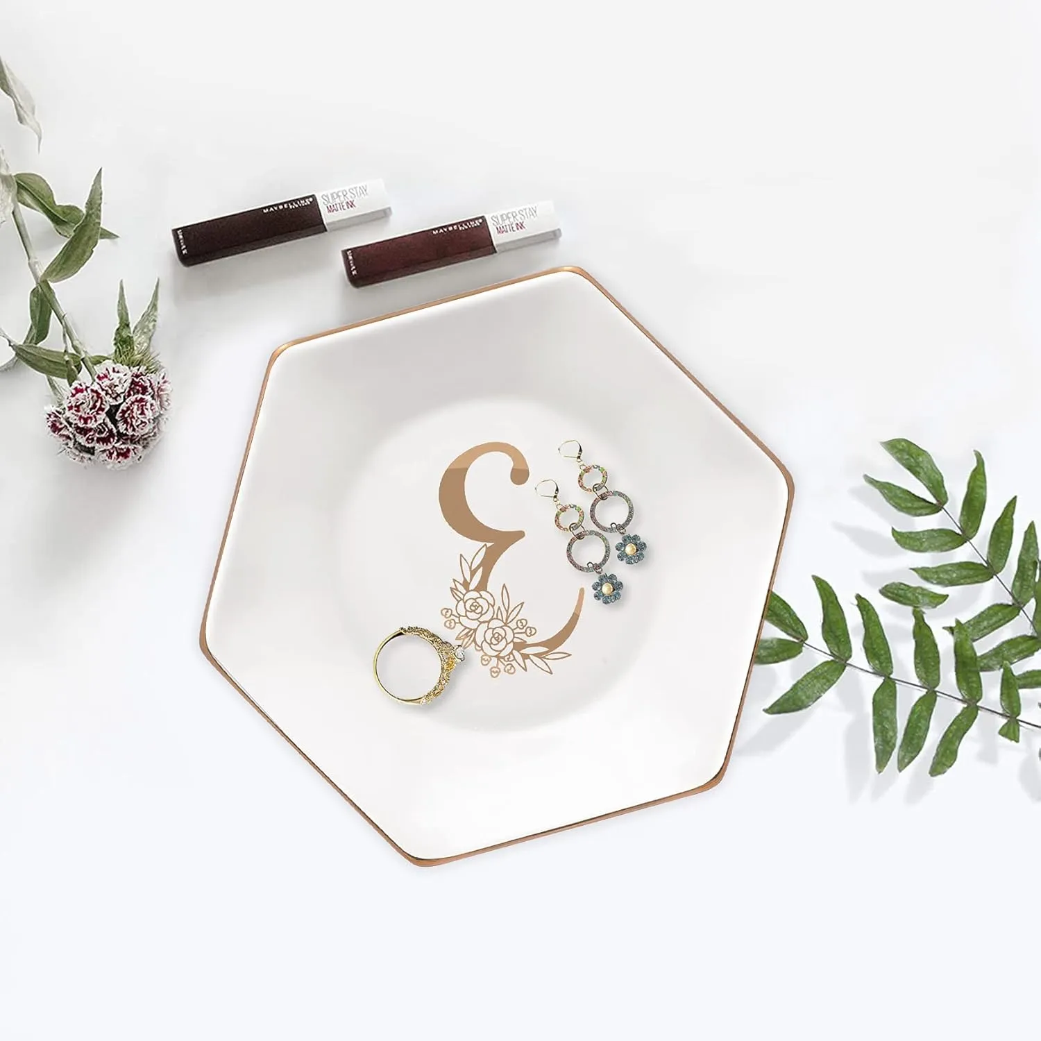 CARAKNOTS Jewelry Dish for Women Ceramic White Ring Dish Birthday Engagement Wedding Valentines Gifts for Her Jewelry Tray for Rings Earring Necklace Monogram Initial Decorative Trinket Plate Letter E