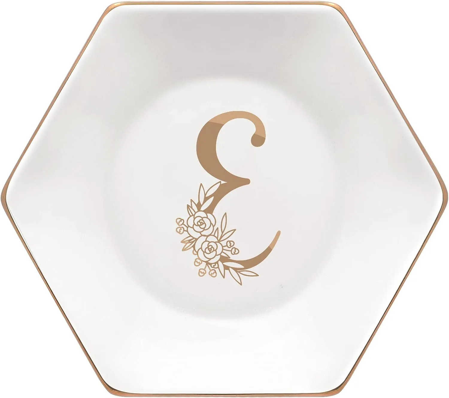 CARAKNOTS Jewelry Dish for Women Ceramic White Ring Dish Birthday Engagement Wedding Valentines Gifts for Her Jewelry Tray for Rings Earring Necklace Monogram Initial Decorative Trinket Plate Letter E