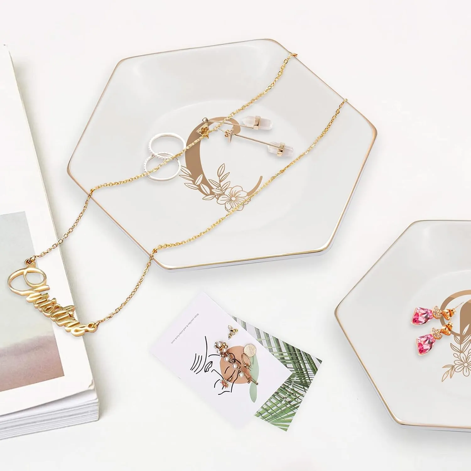 CARAKNOTS Jewelry Tray for Women Ceramic Decorative White Ring Dish Birthday Engagement Wedding Valentines Gifts for Her Jewelry Dish for Rings Earring Necklace Monogram Initial Trinket Plate Letter C
