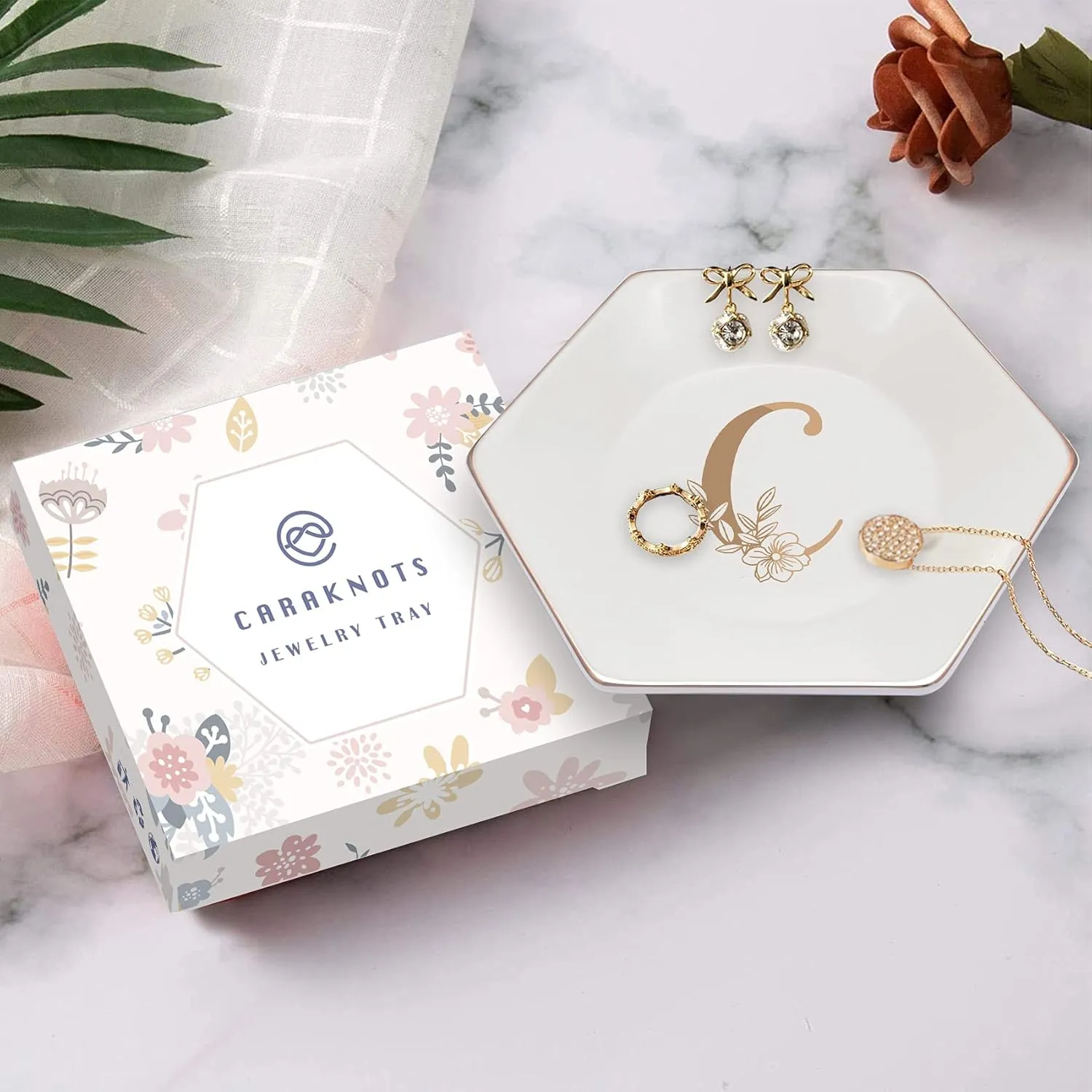 CARAKNOTS Jewelry Tray for Women Ceramic Decorative White Ring Dish Birthday Engagement Wedding Valentines Gifts for Her Jewelry Dish for Rings Earring Necklace Monogram Initial Trinket Plate Letter C