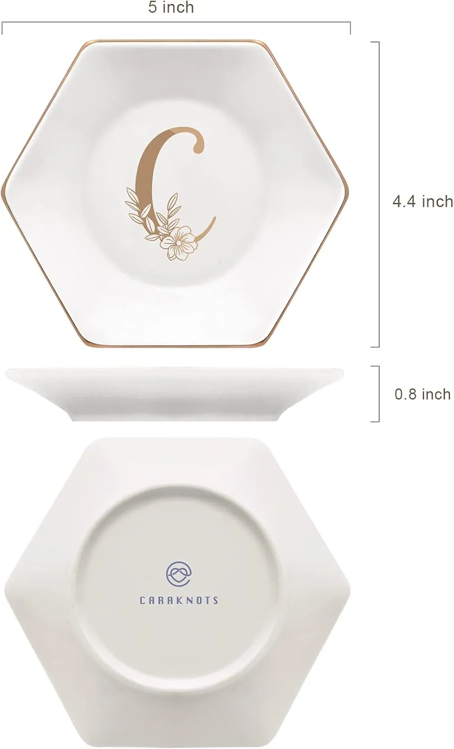 CARAKNOTS Jewelry Tray for Women Ceramic Decorative White Ring Dish Birthday Engagement Wedding Valentines Gifts for Her Jewelry Dish for Rings Earring Necklace Monogram Initial Trinket Plate Letter C
