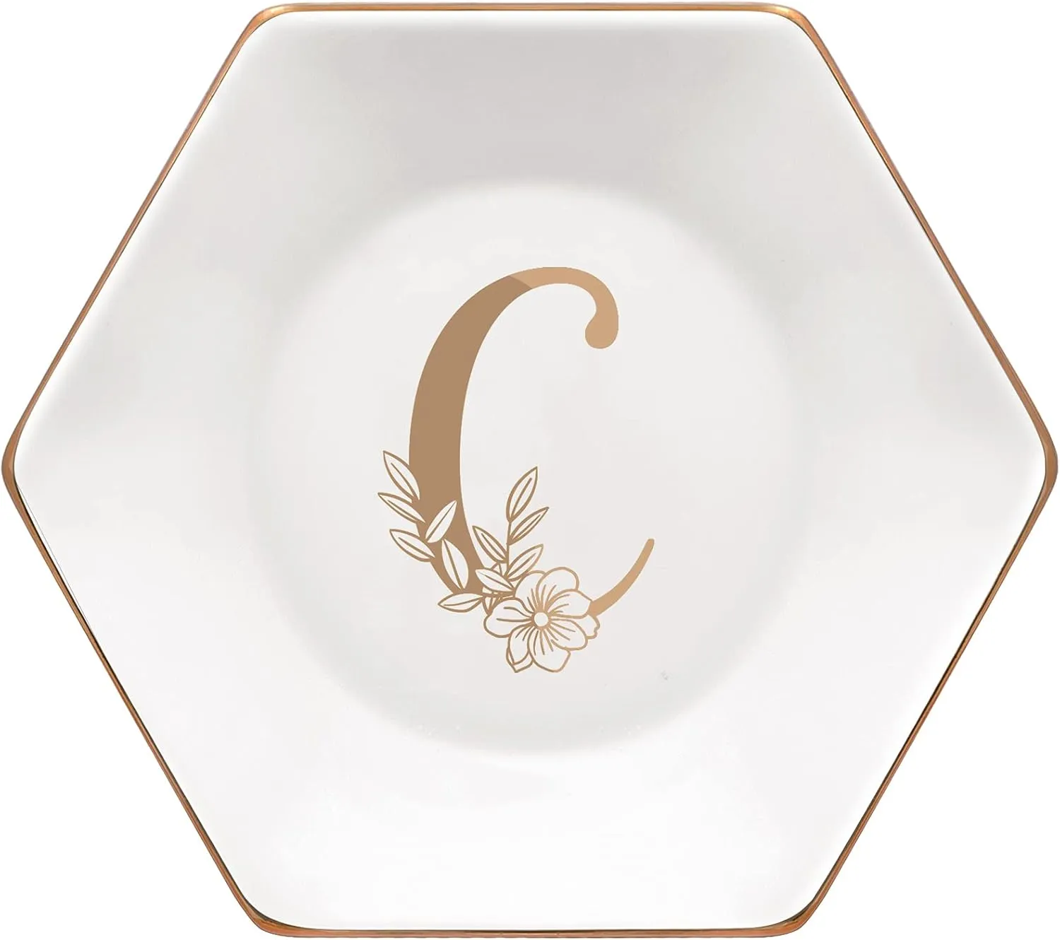 CARAKNOTS Jewelry Tray for Women Ceramic Decorative White Ring Dish Birthday Engagement Wedding Valentines Gifts for Her Jewelry Dish for Rings Earring Necklace Monogram Initial Trinket Plate Letter C
