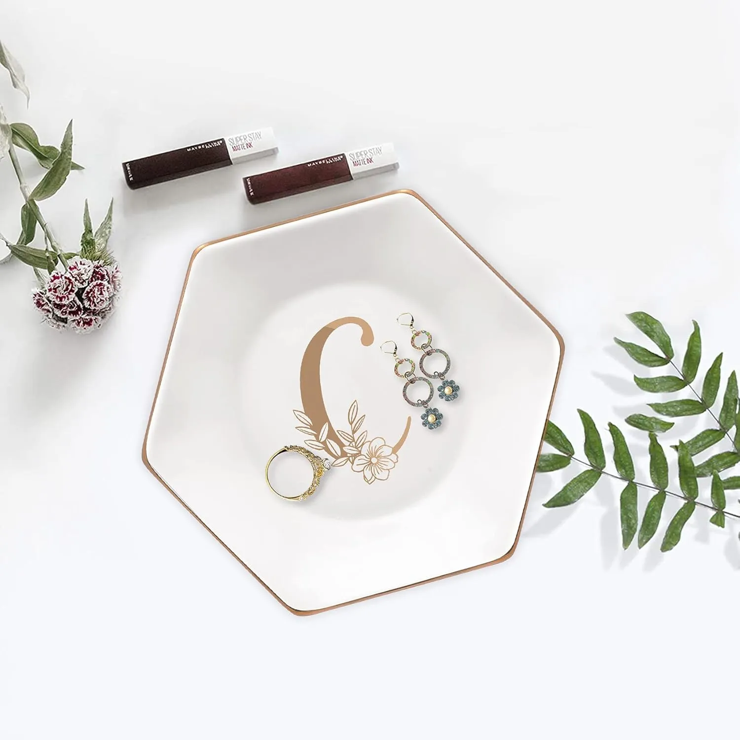 CARAKNOTS Jewelry Tray for Women Ceramic Decorative White Ring Dish Birthday Engagement Wedding Valentines Gifts for Her Jewelry Dish for Rings Earring Necklace Monogram Initial Trinket Plate Letter C