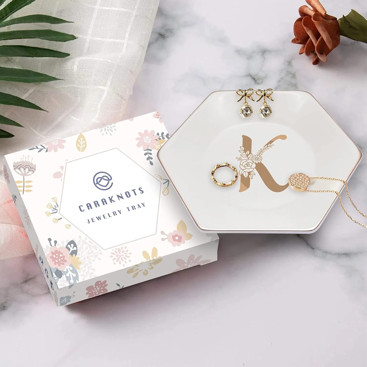 CARAKNOTS Jewelry Tray for Women Ceramic White Ring Dish Birthday Engagement Wedding Valentines Gifts for Her Jewelry Dish for Rings Earring Necklace Monogram Initial Decorative Trinket Plate Letter K
