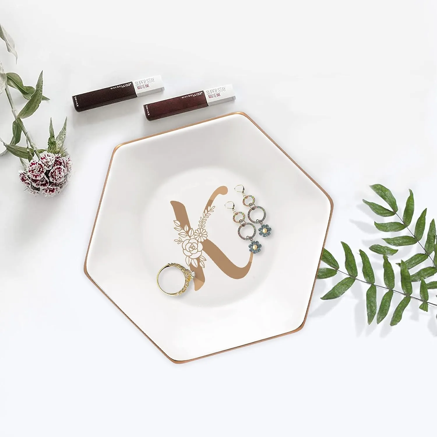CARAKNOTS Jewelry Tray for Women Ceramic White Ring Dish Birthday Engagement Wedding Valentines Gifts for Her Jewelry Dish for Rings Earring Necklace Monogram Initial Decorative Trinket Plate Letter K