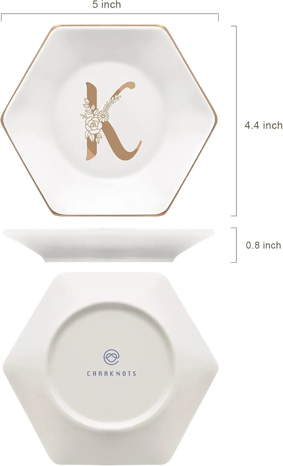 CARAKNOTS Jewelry Tray for Women Ceramic White Ring Dish Birthday Engagement Wedding Valentines Gifts for Her Jewelry Dish for Rings Earring Necklace Monogram Initial Decorative Trinket Plate Letter K