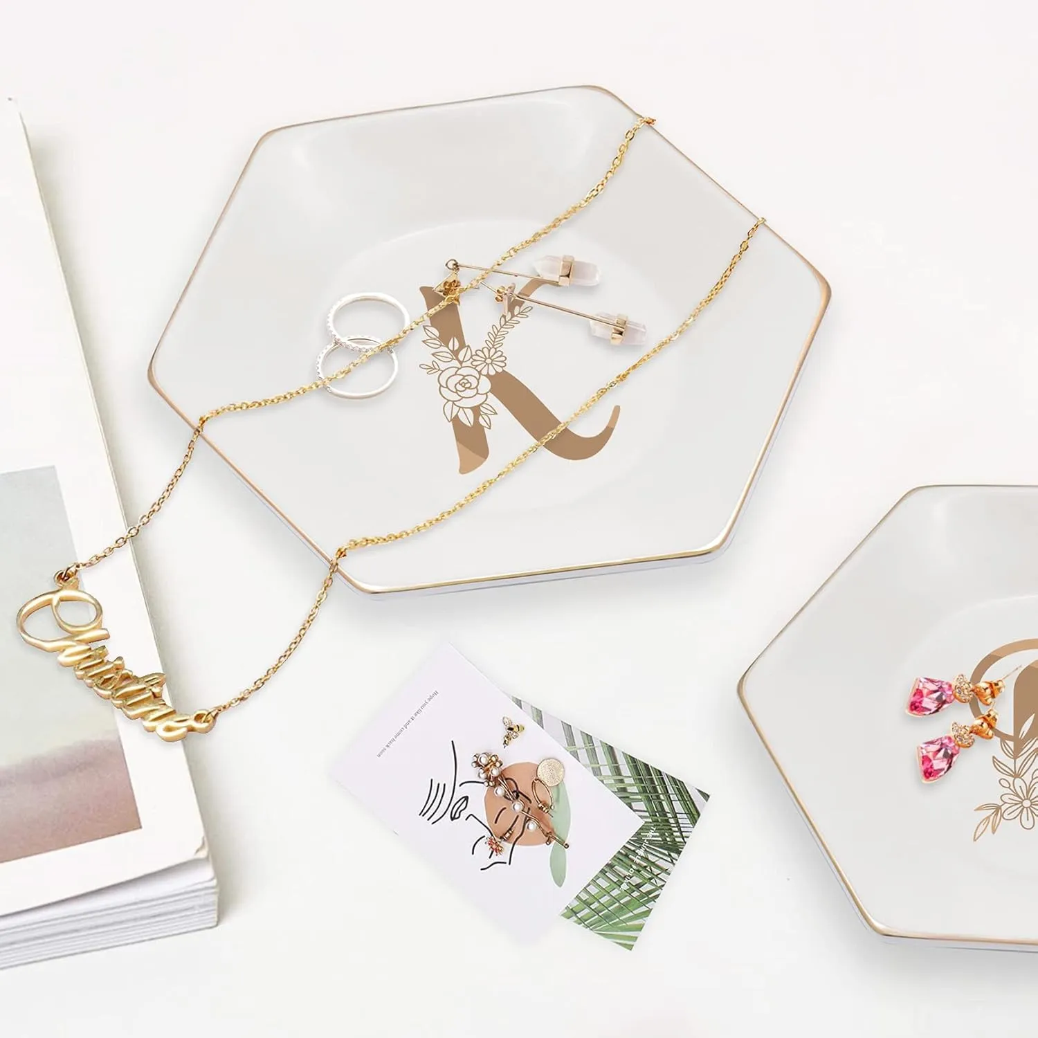 CARAKNOTS Jewelry Tray for Women Ceramic White Ring Dish Birthday Engagement Wedding Valentines Gifts for Her Jewelry Dish for Rings Earring Necklace Monogram Initial Decorative Trinket Plate Letter K