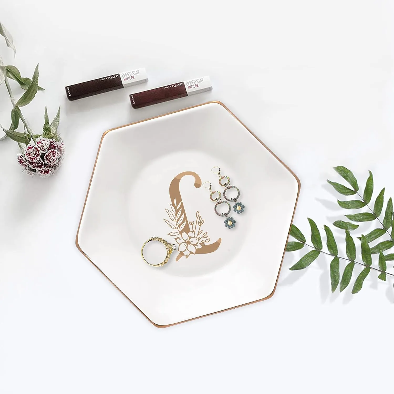 CARAKNOTS Jewelry Tray for Women Ceramic White Ring Dish Birthday Engagement Wedding Valentines Gifts for Her Jewelry Dish for Rings Earring Necklace Monogram Initial Decorative Trinket Plate Letter L