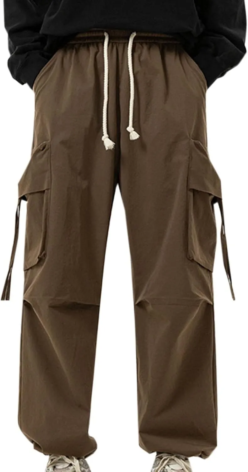 Cargo Pants for Mens Fashion Loose Elastic Rope Trousers with Pockets Solid Color Straight Large Size Casual Trousers