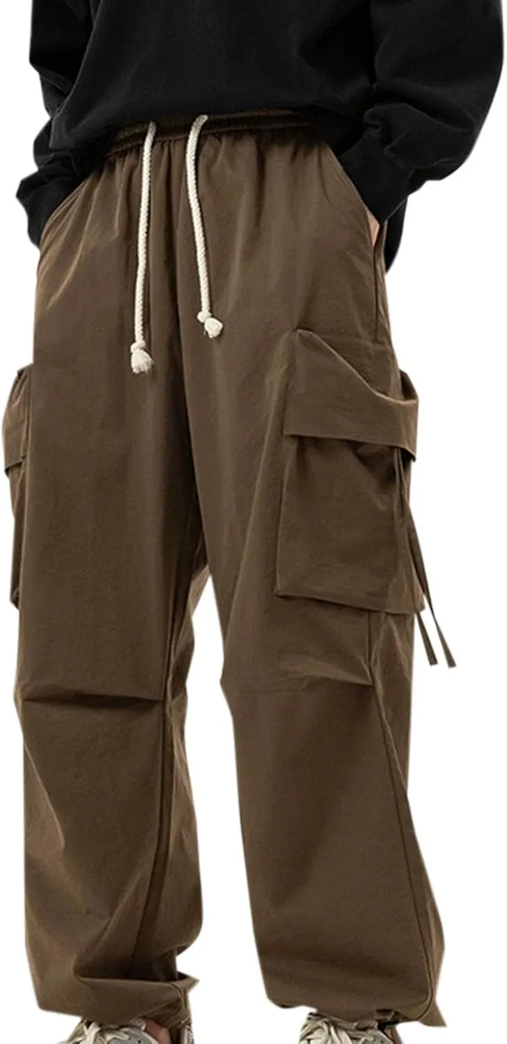 Cargo Pants for Mens Fashion Loose Elastic Rope Trousers with Pockets Solid Color Straight Large Size Casual Trousers