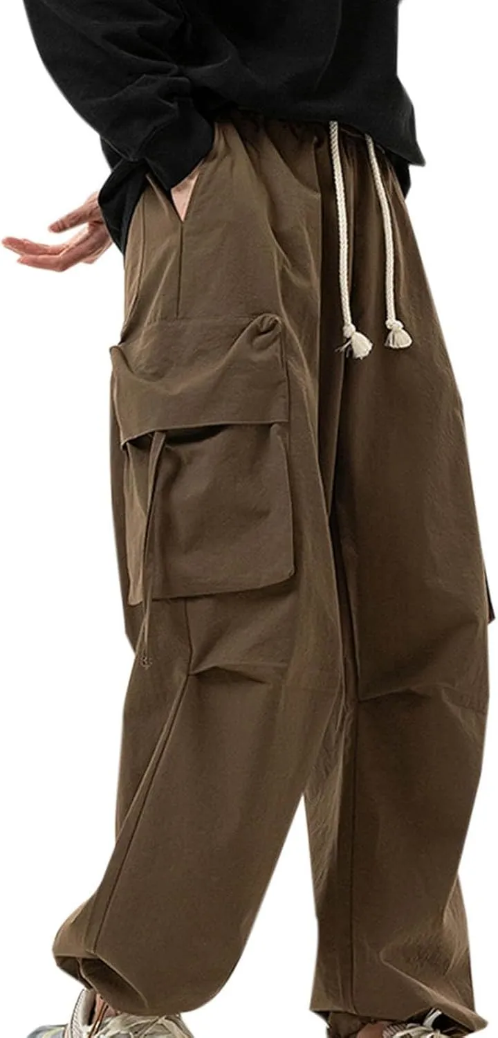 Cargo Pants for Mens Fashion Loose Elastic Rope Trousers with Pockets Solid Color Straight Large Size Casual Trousers