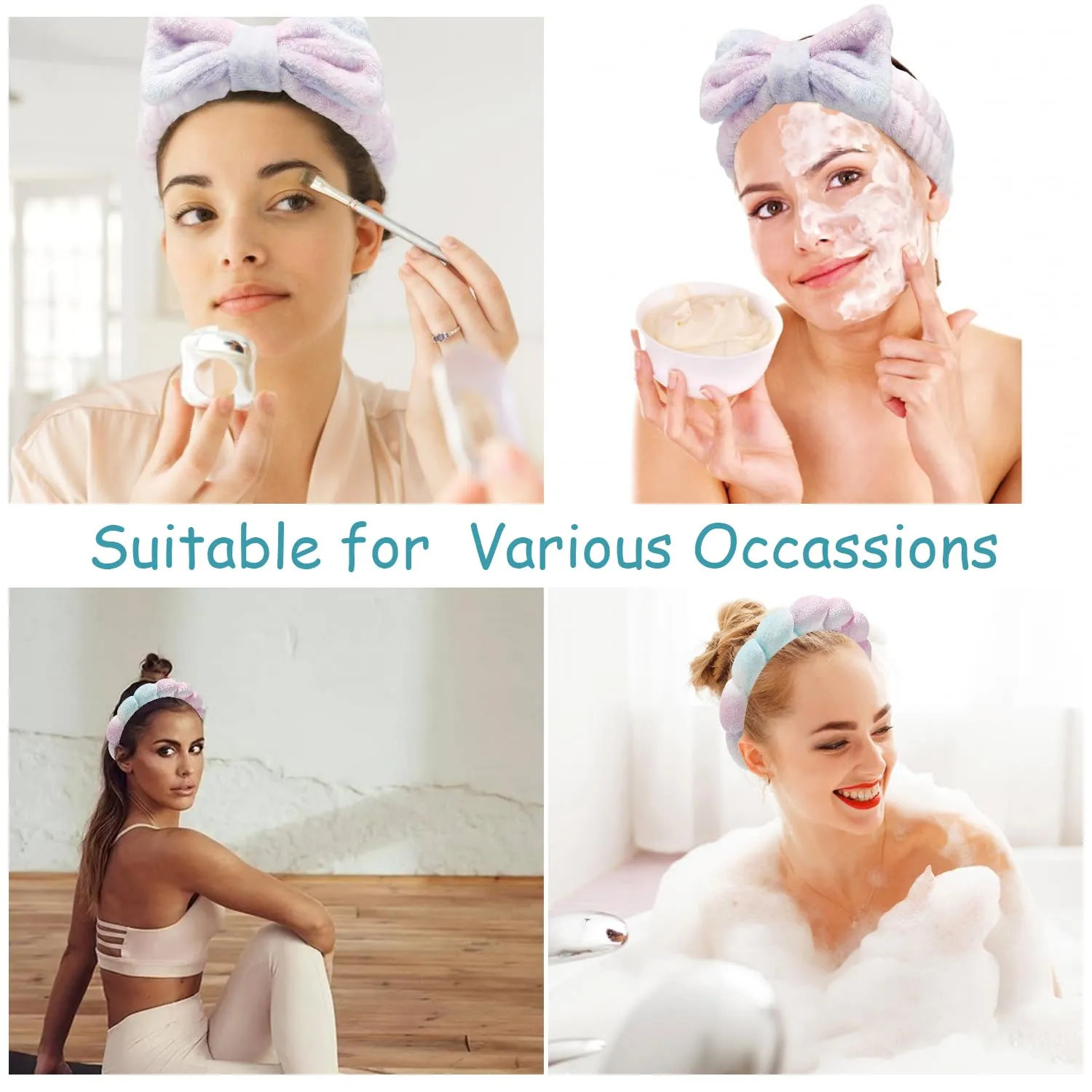 Chanaco Skincare Headband, 4 Pack Gradient Purple Sponge Hair Band for Washing Face, Face Wash Headband with Bow, Spa Headbands for Women, Yoga, Makeup, Shower, Party Favors, Stocking Stuffers