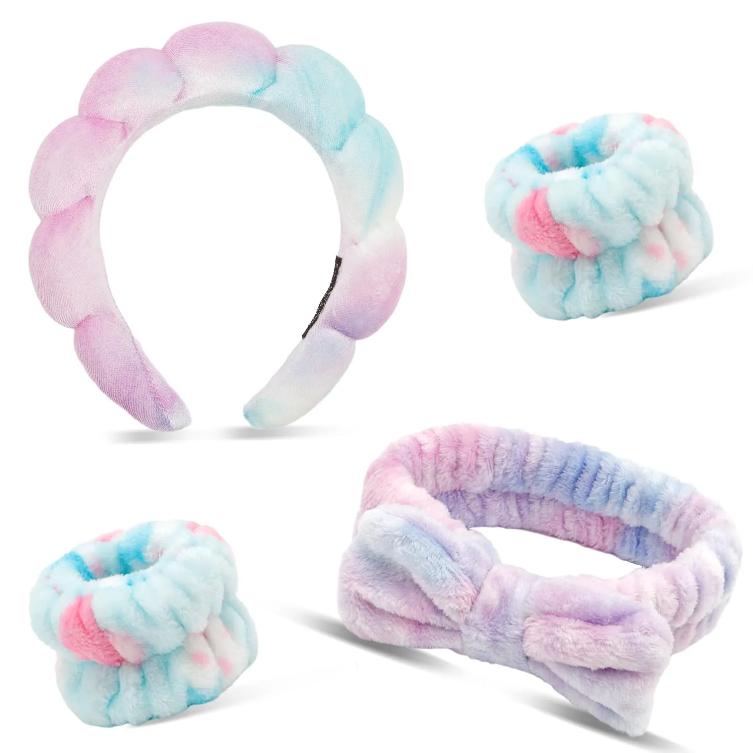 Chanaco Skincare Headband, 4 Pack Gradient Purple Sponge Hair Band for Washing Face, Face Wash Headband with Bow, Spa Headbands for Women, Yoga, Makeup, Shower, Party Favors, Stocking Stuffers