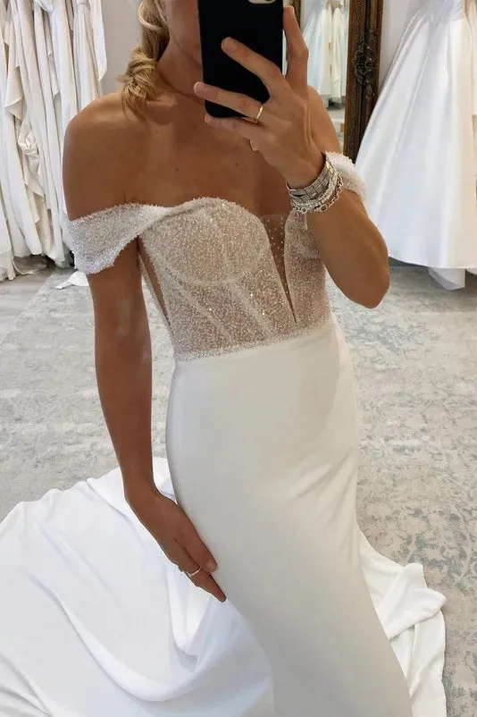 Chic Glitter Off-Shoulder Two Tone With Train Wedding Dress