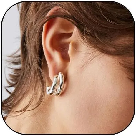 Chunky Hoop Earrings for Women Thick Gold Statement Earring Stack Double Huggie Hoop Earrings Hypoallergenic Lightweight Gold Stud Earring for Women Dainty Jewelry