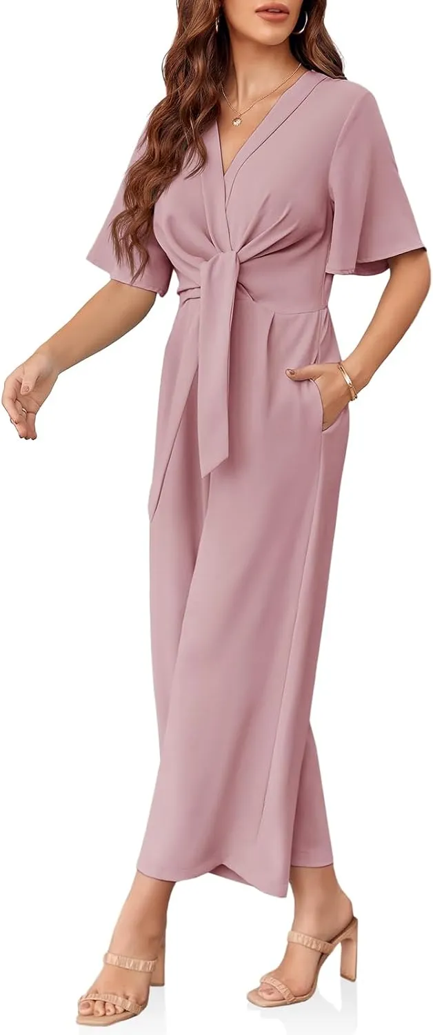 Cicy Bell Women's Elegant V Neck Jumpsuits Dressy Casual Short Sleeve Wide Leg Long Pants Rompers