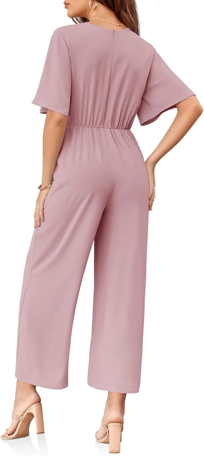 Cicy Bell Women's Elegant V Neck Jumpsuits Dressy Casual Short Sleeve Wide Leg Long Pants Rompers