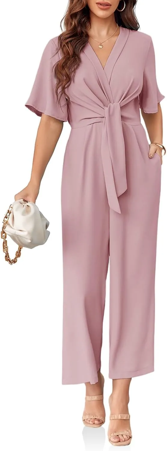 Cicy Bell Women's Elegant V Neck Jumpsuits Dressy Casual Short Sleeve Wide Leg Long Pants Rompers