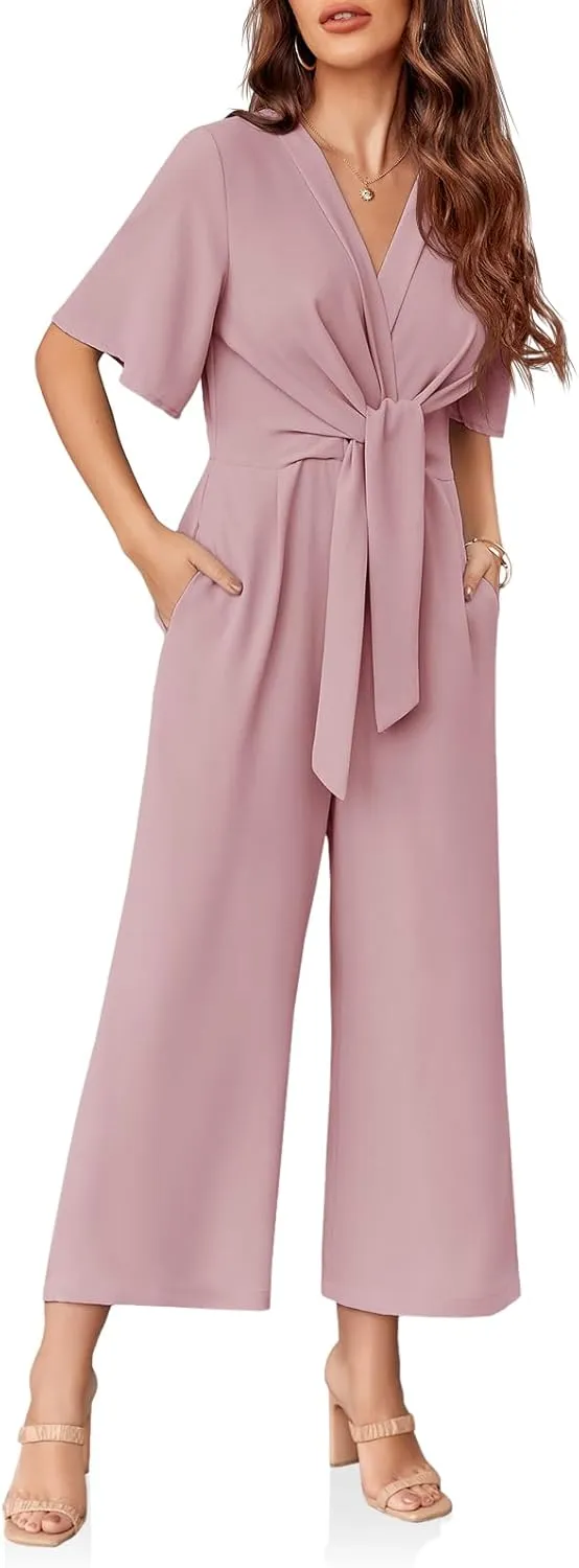 Cicy Bell Women's Elegant V Neck Jumpsuits Dressy Casual Short Sleeve Wide Leg Long Pants Rompers