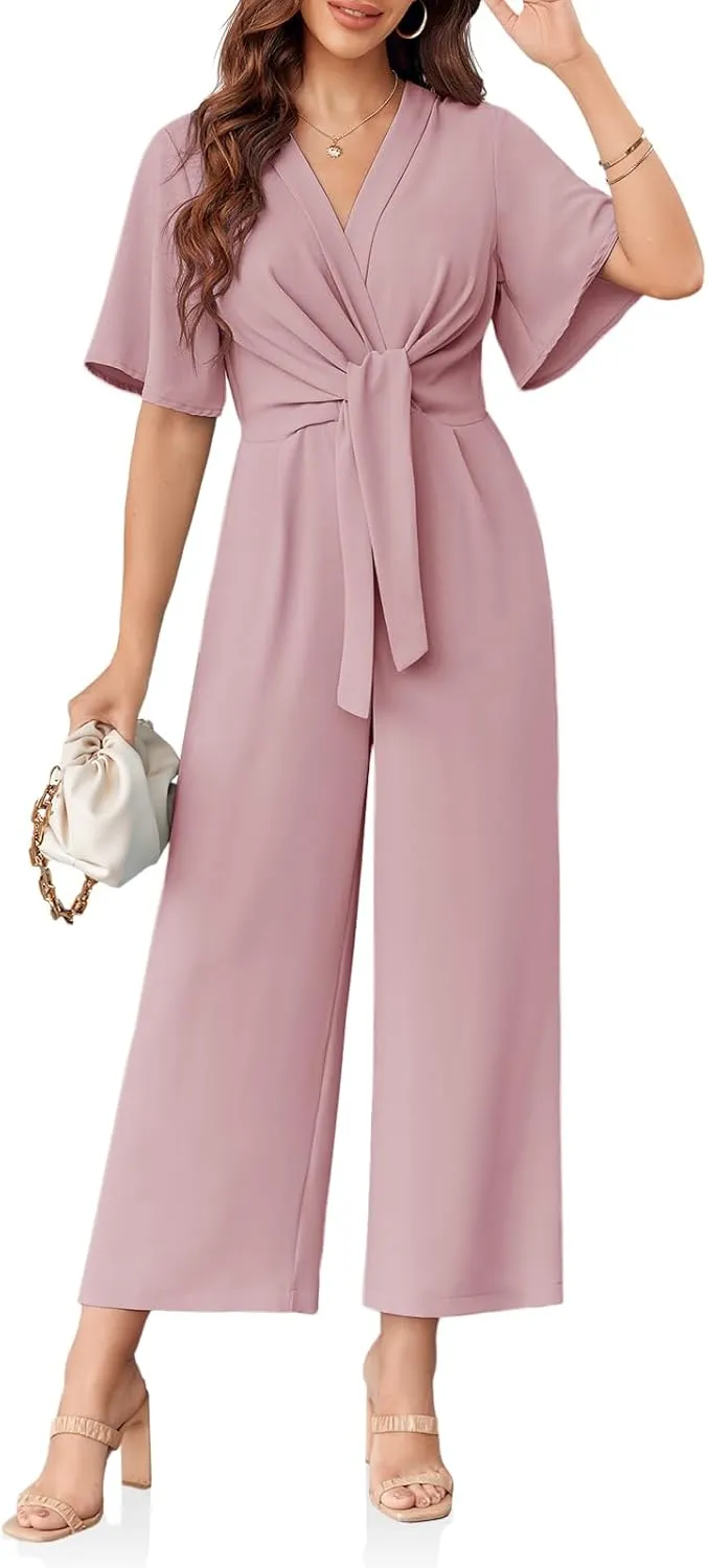 Cicy Bell Women's Elegant V Neck Jumpsuits Dressy Casual Short Sleeve Wide Leg Long Pants Rompers