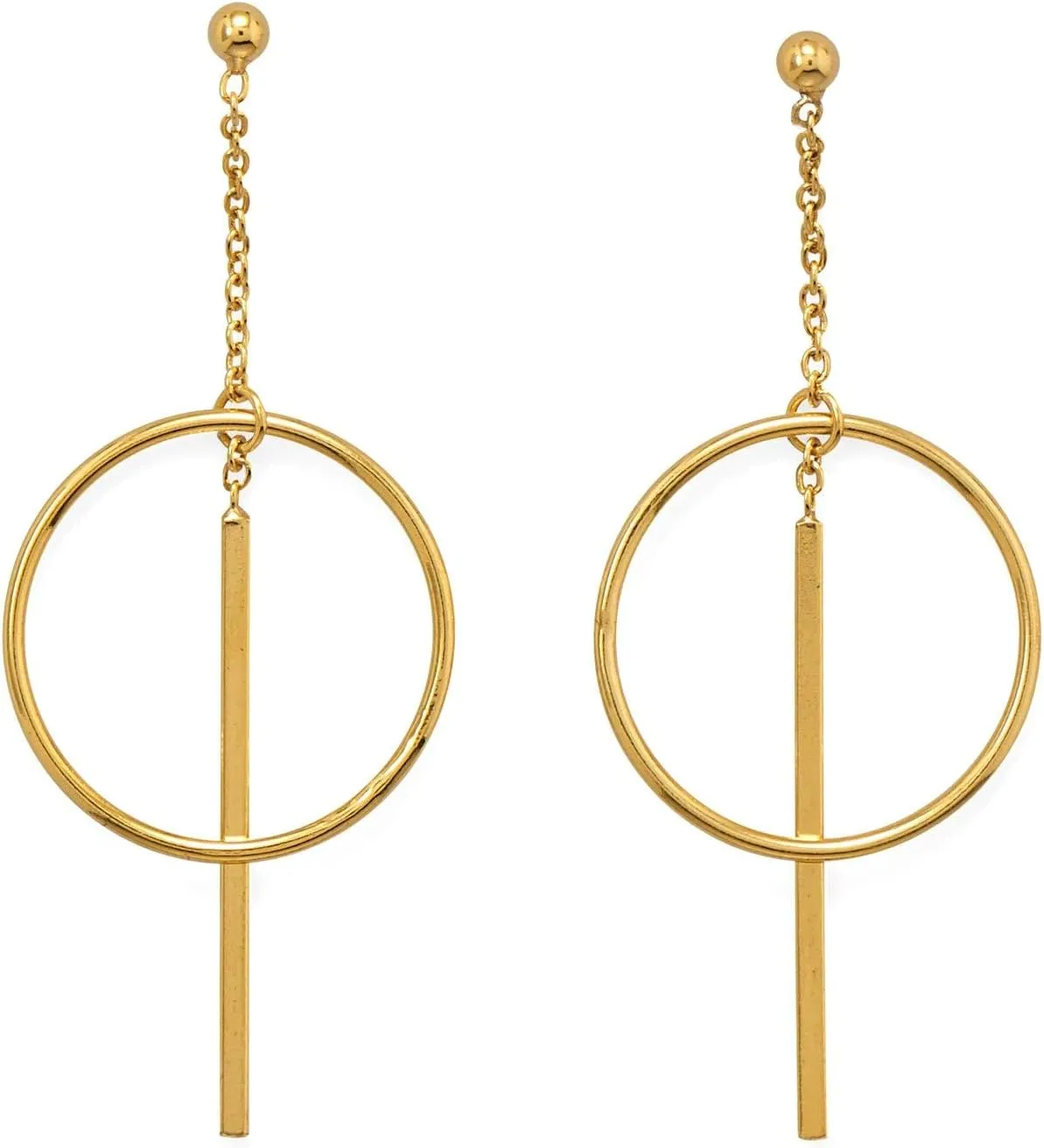 Circle and Bar Dangle Earrings with Chain Ball Post Gold-plated Silver