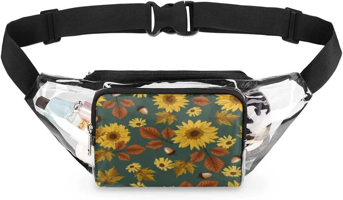 Clear Fanny Pack Stadium Approved Adjustable Autumn Sunflowers Teal Clear Belt Bag Cute Waist Pouch for Women Men Travel Sports Events Hiking Concerts