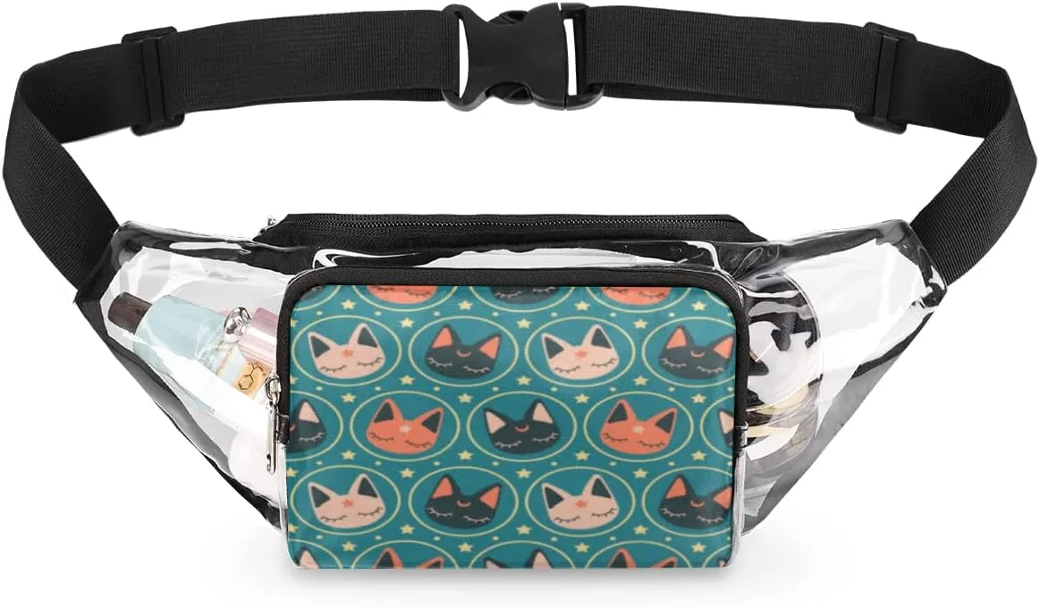 Clear Fanny Pack Stadium Approved Adjustable Cute Cat Head Clear Belt Bag Cute Waist Pouch for Women Men Travel Sports Events Hiking Concerts
