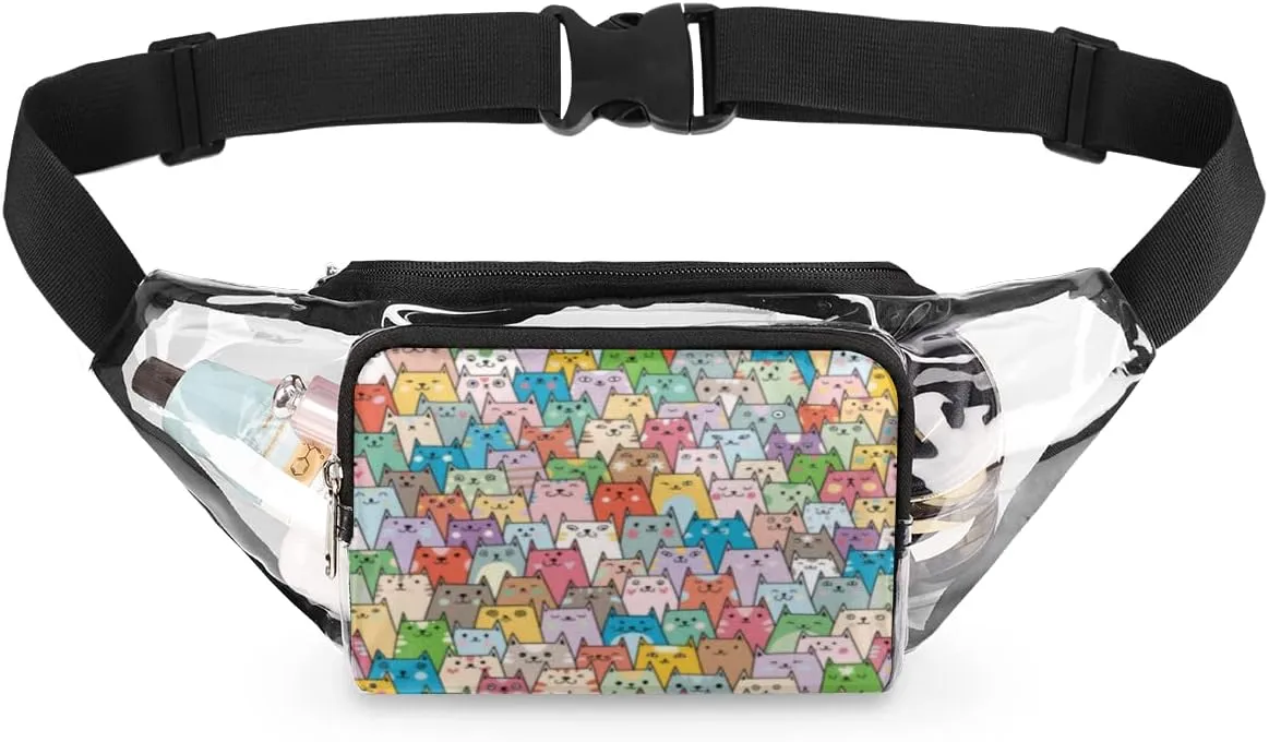 Clear Fanny Pack Stadium Approved Adjustable Cute Colorful Cats Clear Belt Bag Cute Waist Pouch for Women Men Travel Sports Events Hiking Concerts
