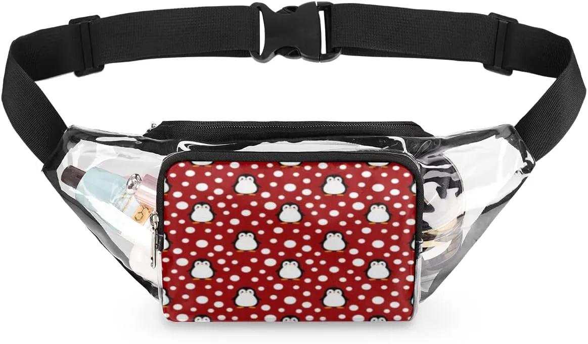 Clear Fanny Pack Stadium Approved Adjustable Cute Penguin Polka Dots Clear Belt Bag Cute Waist Pouch for Women Men Travel Sports Events Hiking Concerts