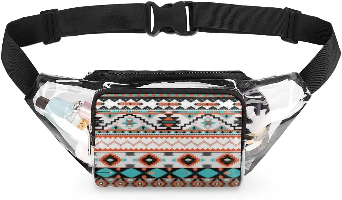 Clear Fanny Pack Stadium Approved Adjustable Ethnic Aztec Geometric Art Clear Belt Bag Cute Waist Pouch for Women Men Travel Sports Events Hiking Concerts