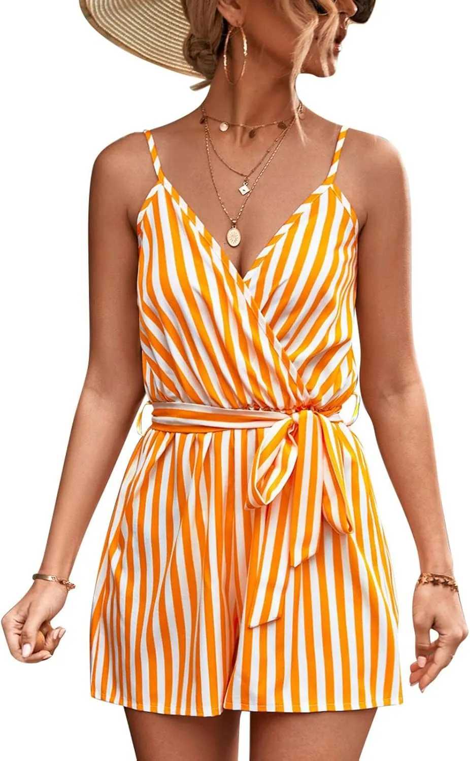Cocoarm Womens Jumpsuits Summer Sleeveless Elegant Striped Short Rompers V Neck Casual Playsuit Tie(XL-Yellow)