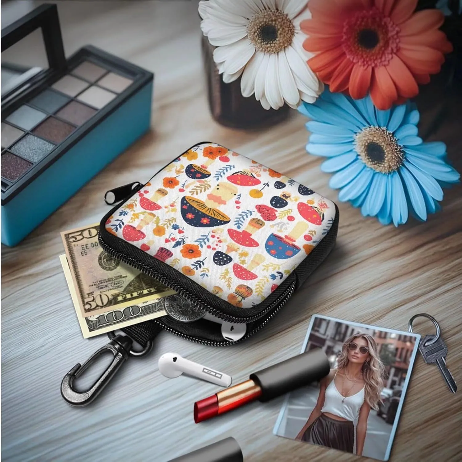 Colorful Mushrooms Mini Zip Around Wallet with Keychain, Mushroom Flowers Print Pouch Tactical Coin Purse Compact Coin Pouch with Clip